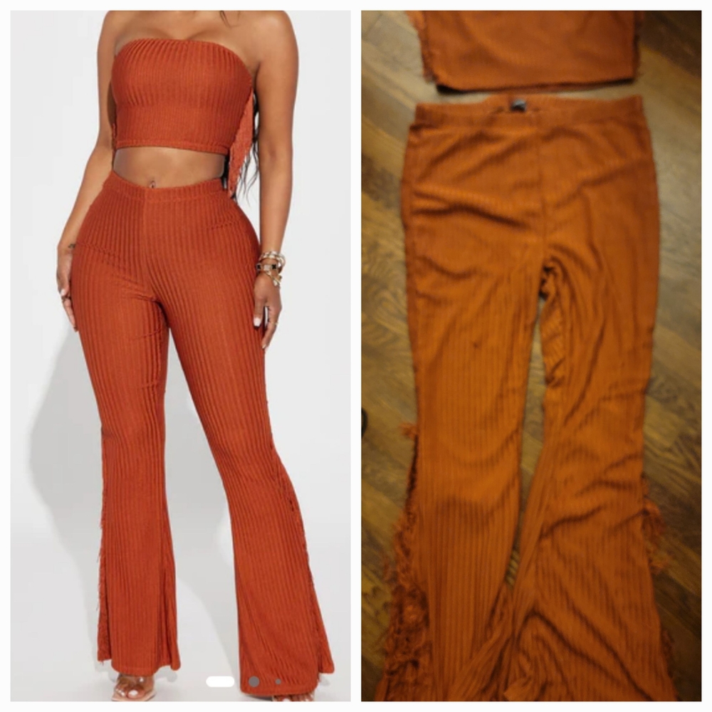 Fashion Nova Rust Ribbed Flare Pants Set